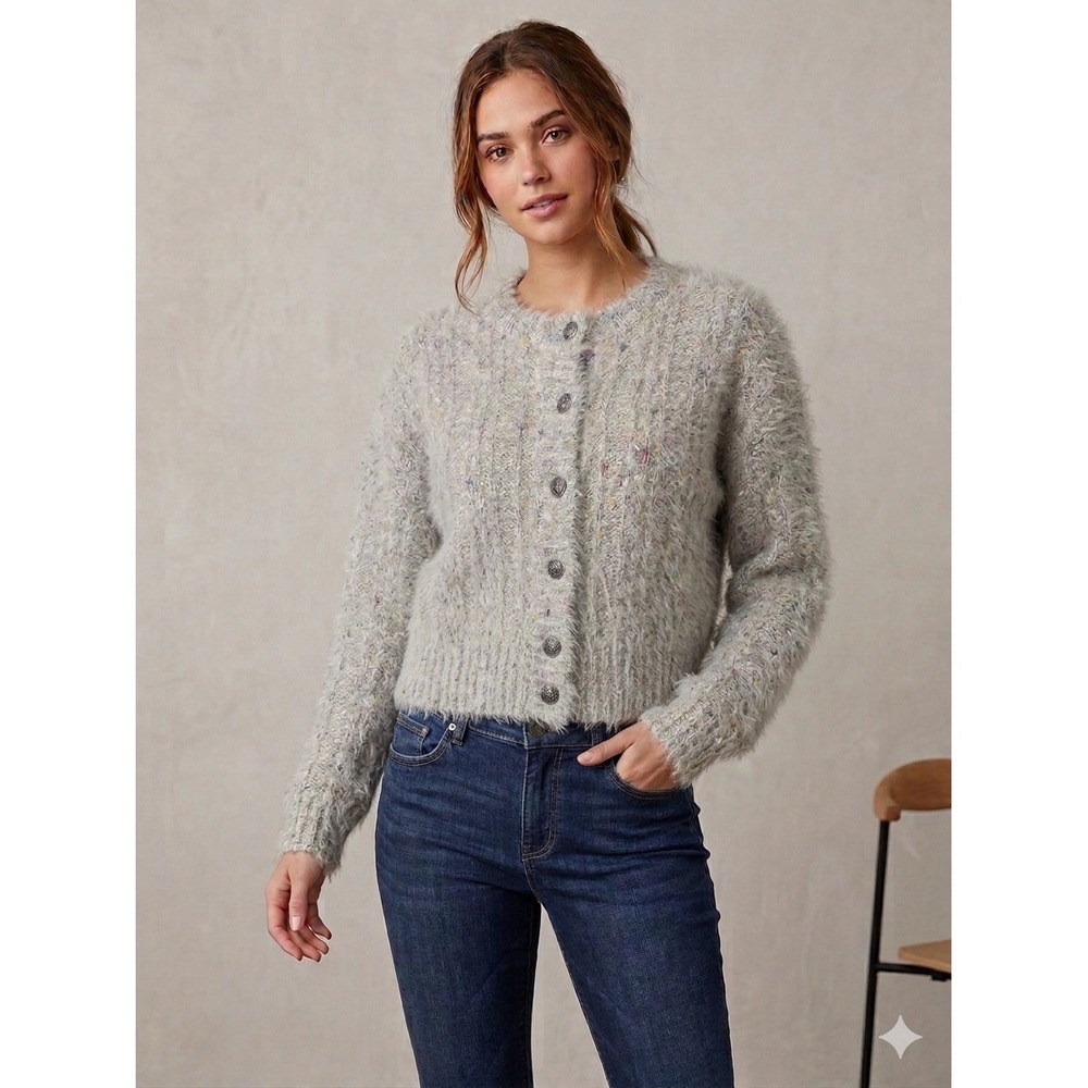 Vintage Best American Clothing Co Mohair Cardigan Women M Confetti Fuzzy Cottage